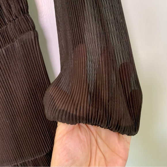 Michael Kors Dress Brown Slinky Flowy Maxi Sheer Sleeve Accordion Pleated Medium - Picture 5 of 11